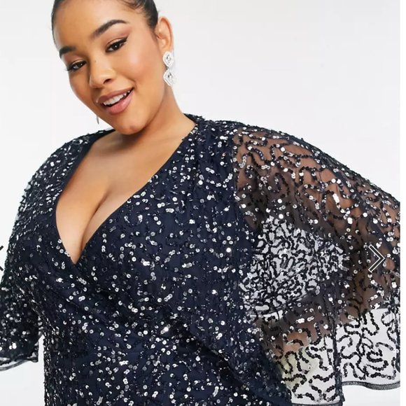 Maya Deluxe Curve delicate sequin wrap midi pencil dress in navy - Picture 8 of 8